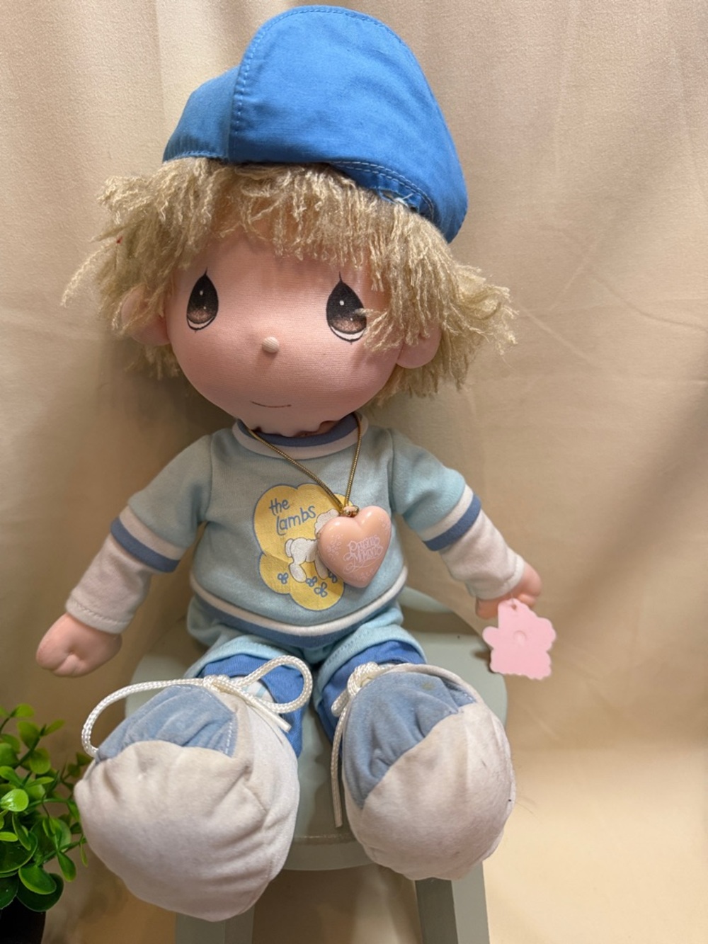 Precious Moments Blue Plush Boy Doll with Heart Necklace